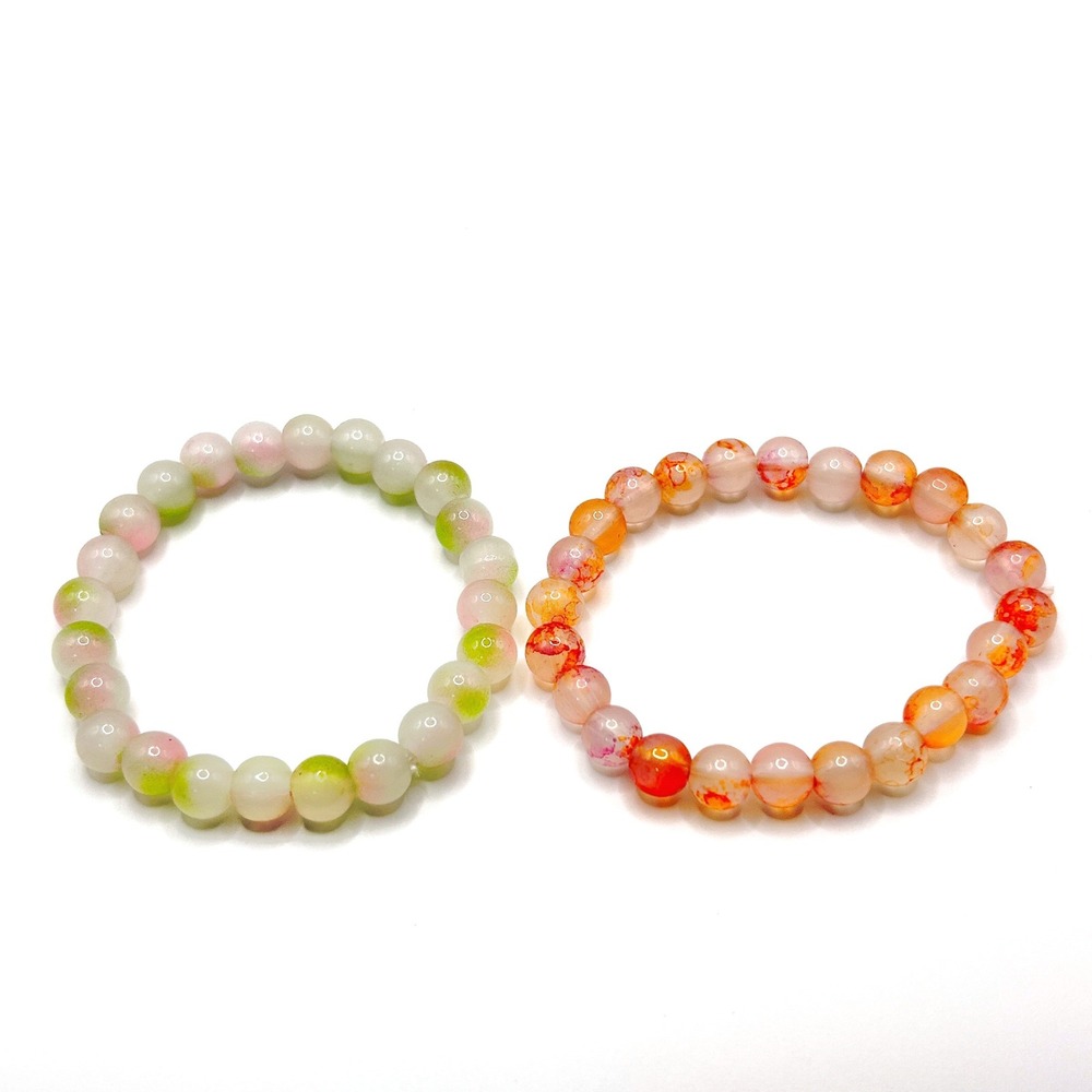 2pc Agate Beaded Stretch Bracelet Set OS Multi Color Round Stone Yoga Zen Jewelr